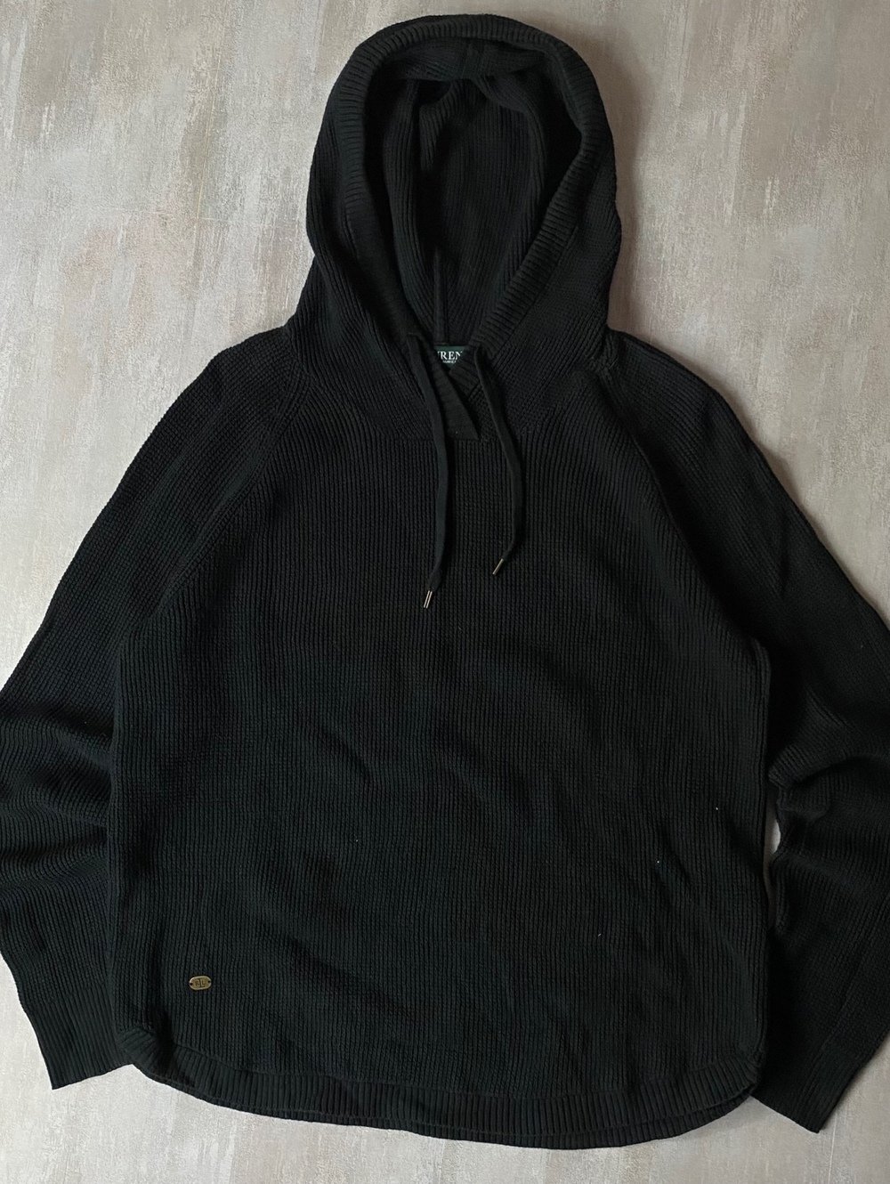 Lauren Ralph Lauren Black Rib Knit Hoodie Sweater Womens L Metal Logo Plaque